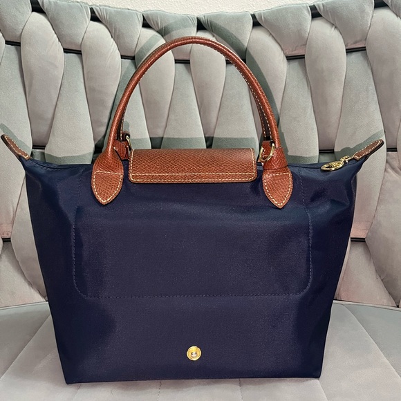 Longchamp Le Pliage small tote bag in navy with brown leather handles/crossbody - Picture 3 of 9